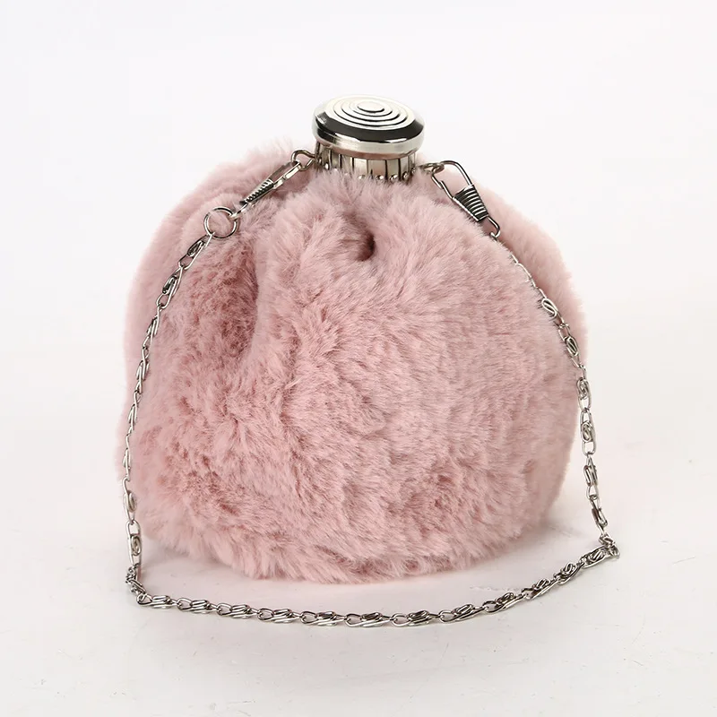 
Female 2019 New Flagon Wine Pot Bottle Special Lock Way Soft Fur Portable Evening Bags Clutch Purse 