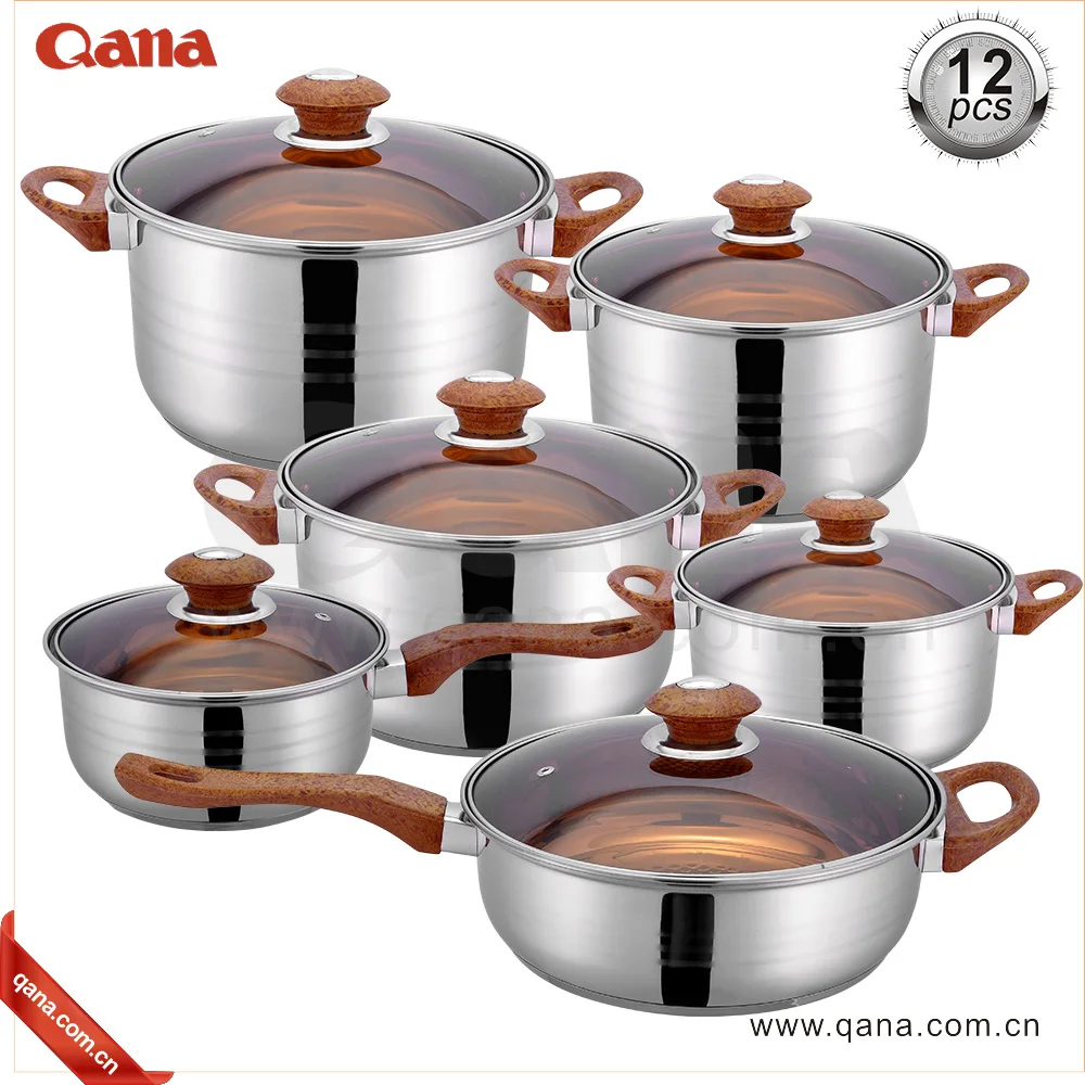 QANA Factory Wholesale OEM 12pcs induction cookware set stainless steel saucepan casserole frypan steamer salad bowl