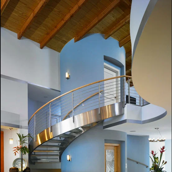 Handrail Glass Curved with Wooden Tread Tempered Railing