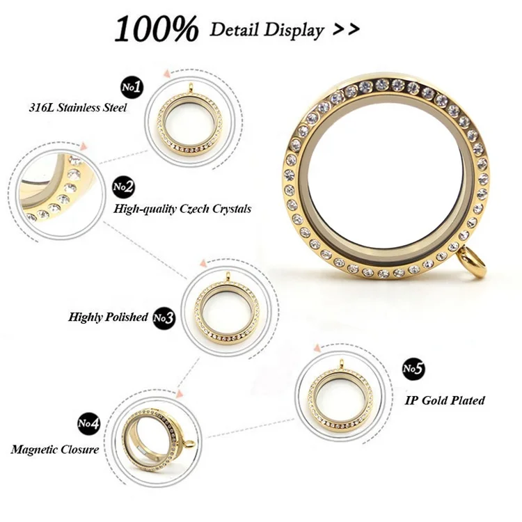 Fashion 20/25/30/35mm Glass Stainless Steel Necklace Crystal Magnetic Round Floating Locket Pendant