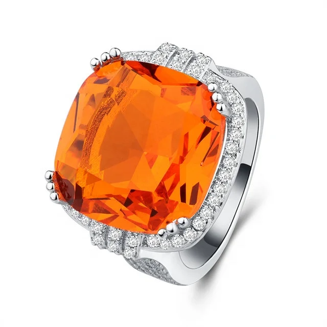 New 4CT Big Champagne CZ Stone silver Ring Large Single Orange Crystal Cut Luxury Ring party Women 925 Sterling Silver Jewelry