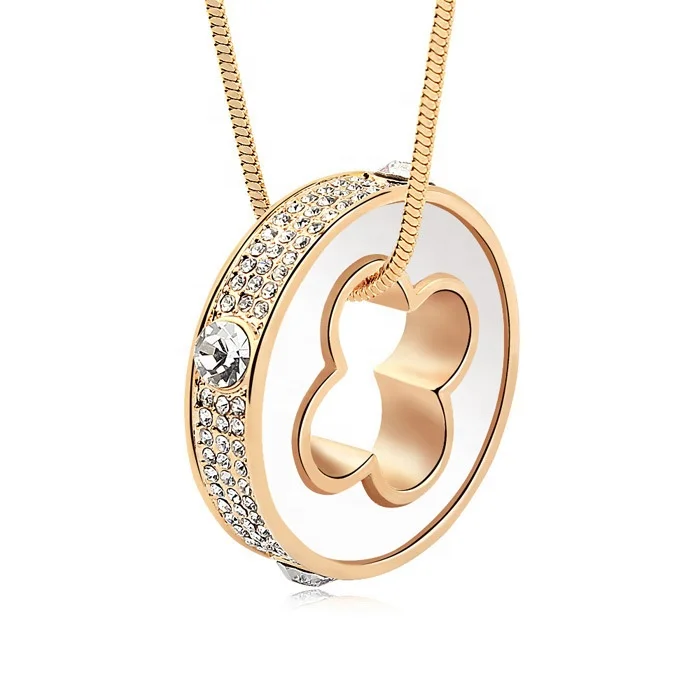 Non Tarnish Jewelry 18k Gold Plated Big Crystal Round White Black Four Leaf Clover Pendant Long Chain Necklace For Women