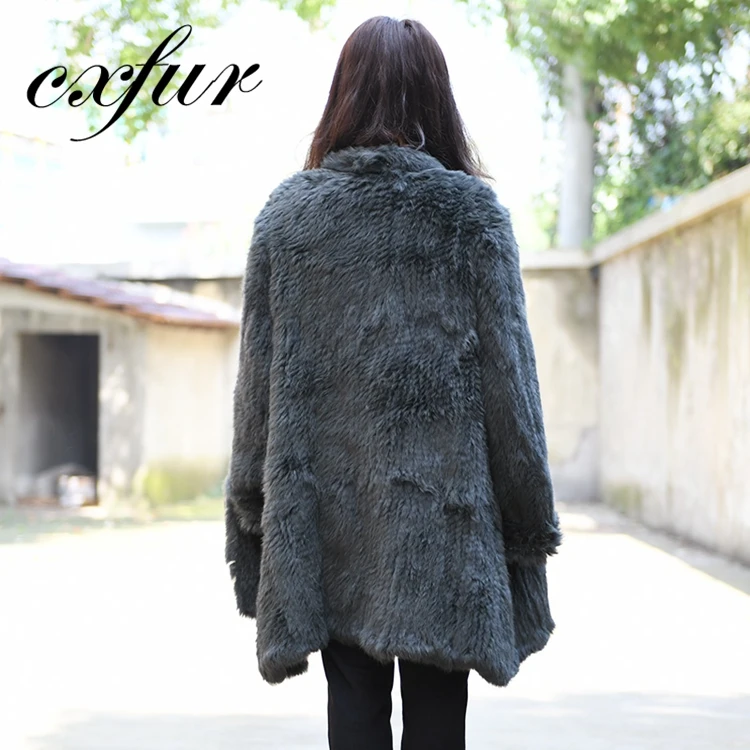 CX-G-A-139B Women European Style Long Hand Knitted Rabbit Fur Coat