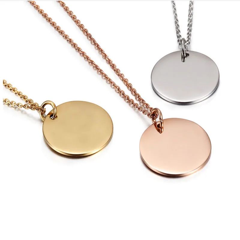 JDP079 High polish Blanks Tags 18mm Round Charm Pendants with chain 316L Stainless steel Necklace jewels
