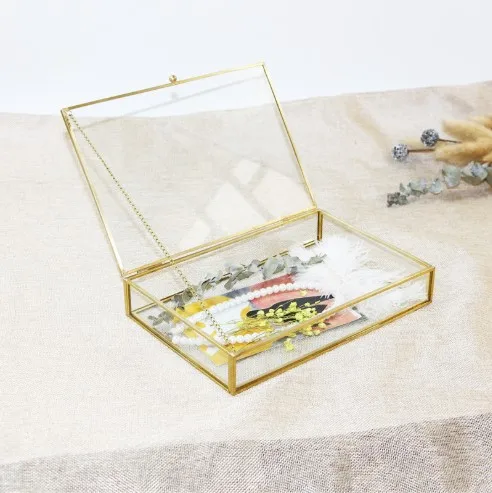 Retro Rectangle Cover Black Gold Brass Glass Jewelry Cosmetic Organizer Box