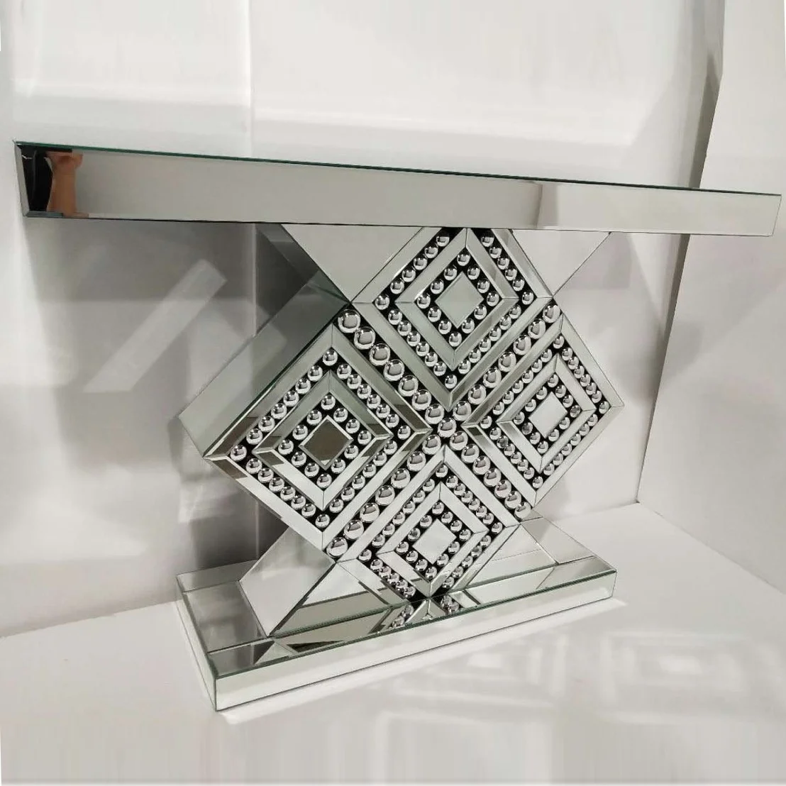 Блестящий серебряный зеркальный бриллиантовый стол со скошенными кристаллами