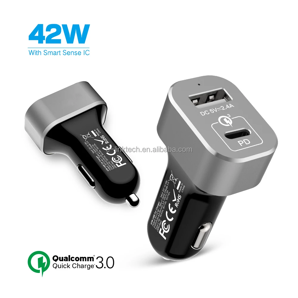 
USB-C PD Car Charger with 30W Power Delivery & 12W USB Dual Port 42W Output for New Macbook iPhone X/8/7 iPad Pro Air Mini 
