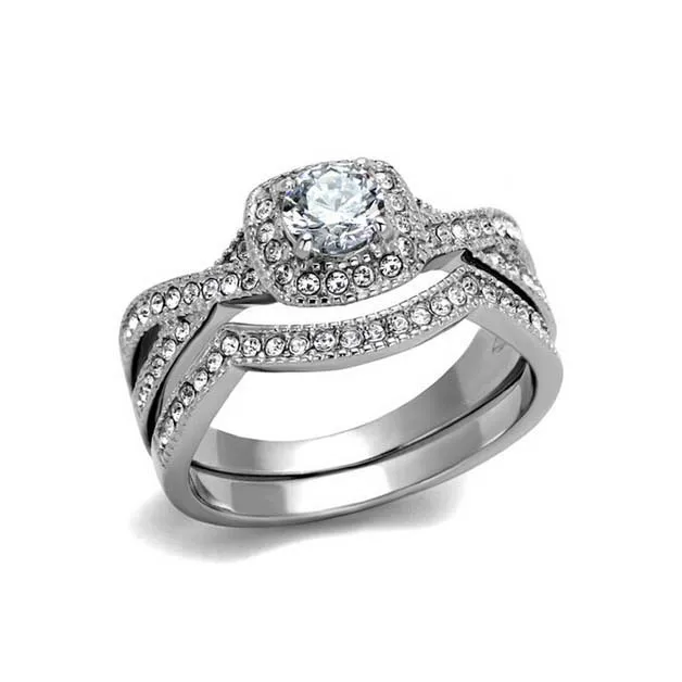 2 Pieces Diamond Ring Set Stainless Steel Fashion Engagement Wedding Ring