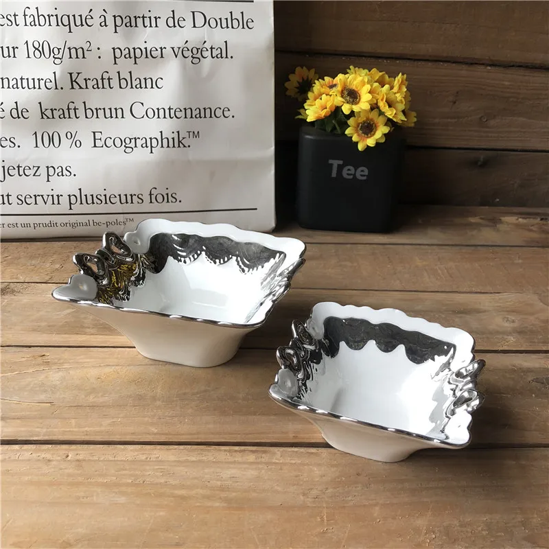 hight quality square shape electroplate silver ceramic fruit bowl from chaozhou