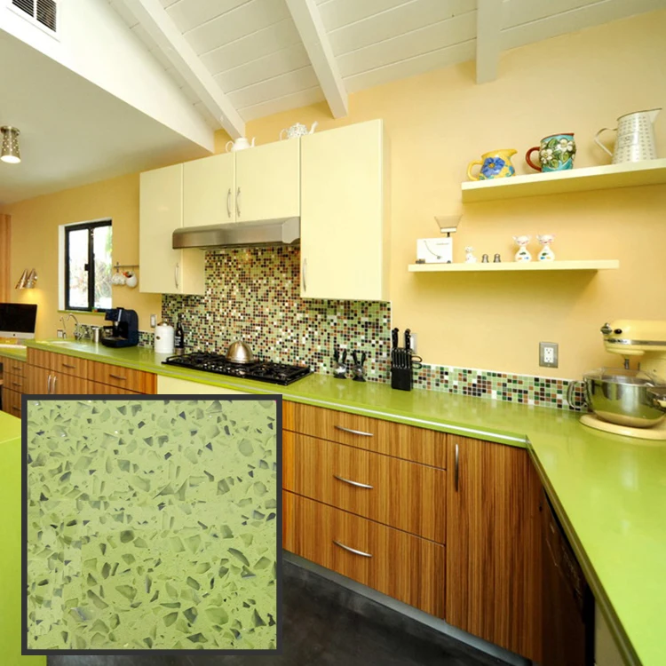 Cheap Quartz Solid Kitchen Surface Light Green Onyx Sparkle Quartz Stone Countertops