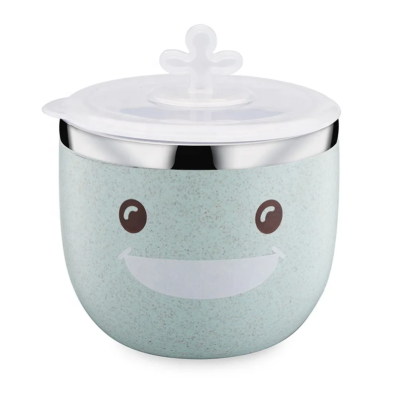 Double Wall Insulated Wheat Fiber&Stainless Steel 240ML Sippy Cup Cute Baby Cups With Silicone Lids
