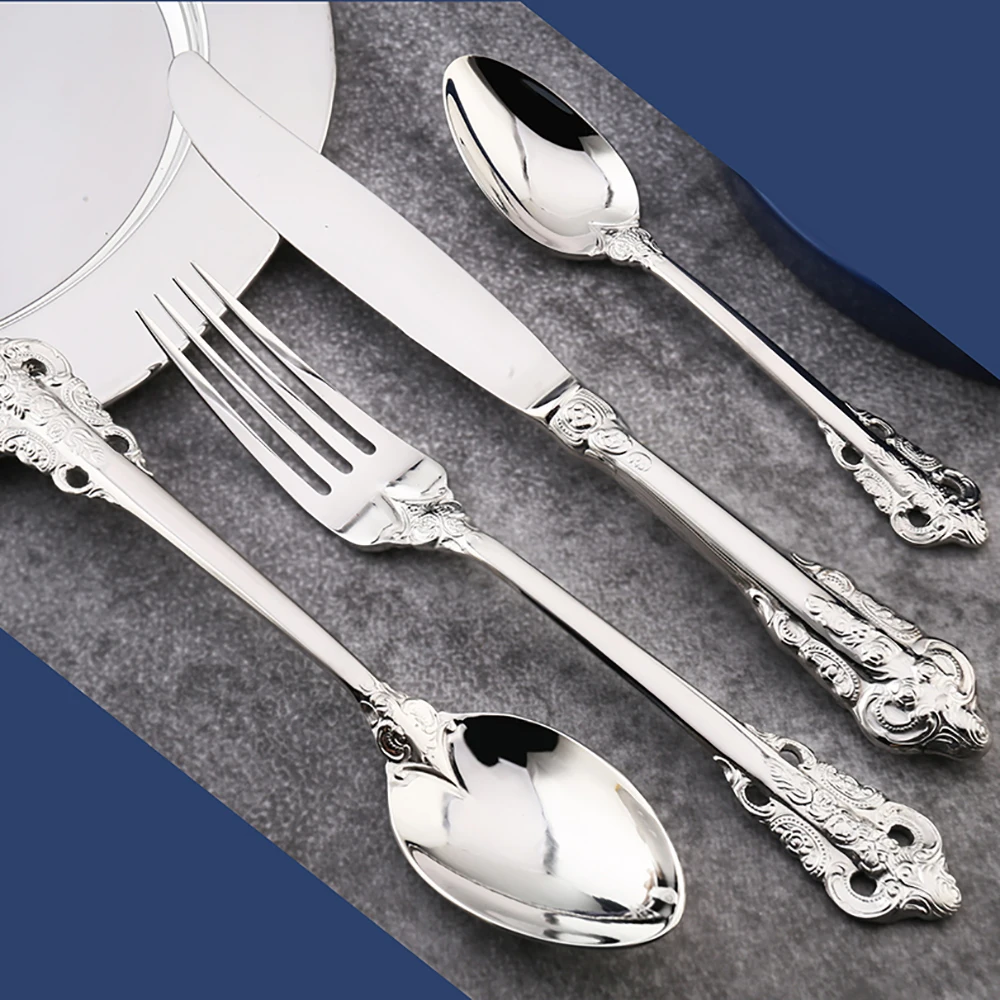 
Dubai Stainless Steel Flatware Knife And Fork Palace Luxury Gold Cutlery Set With Carved Handle 
