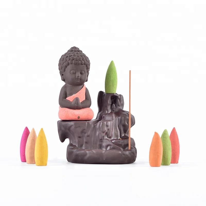 Ceramic Buddha statue Ceramic Incense Burner Backflow Tower Cones Sticks Holder Ceramic Porcelain Buddha Monk Ash Catcher- Red
