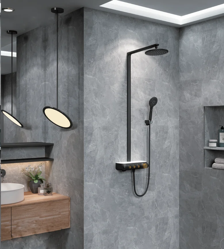 Скрытый Термостатический смеситель для душа, матовый черный кран с круглой головкой и нажимной кнопкой, 3 функции