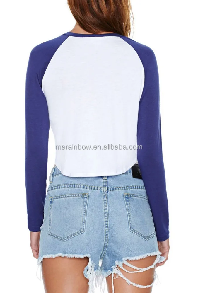 100% Cotton Womens Long Sleeve Cropped Baseball T Shirt Plain Raglan Sleeve Crop Top Tee Wholesale