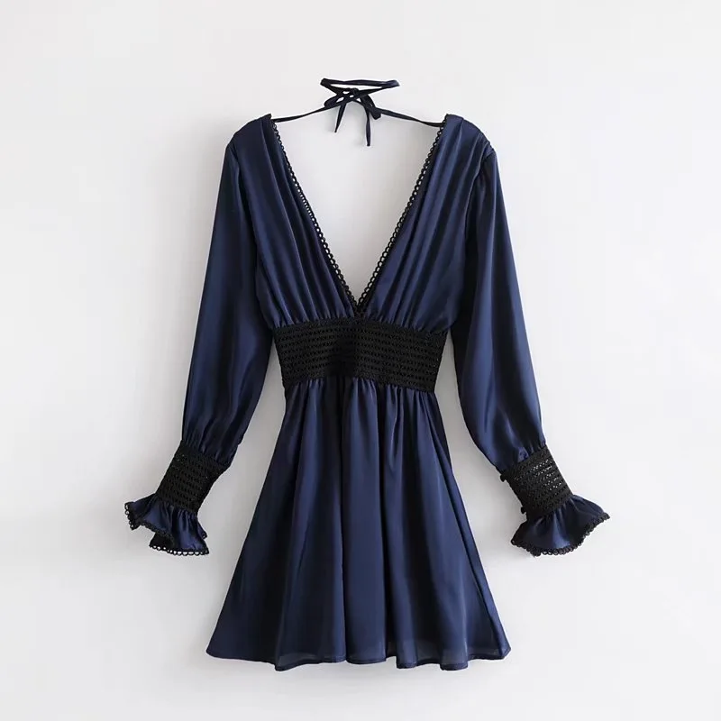 OEM ODM Clothing Woman Sexy See Through Navy Long Sleeve Deep V Neck BOHO Beach Dress