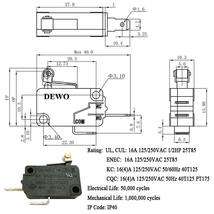Миниатюрный роликовый поршень 10 А t125 5e4 концевой микропереключатель