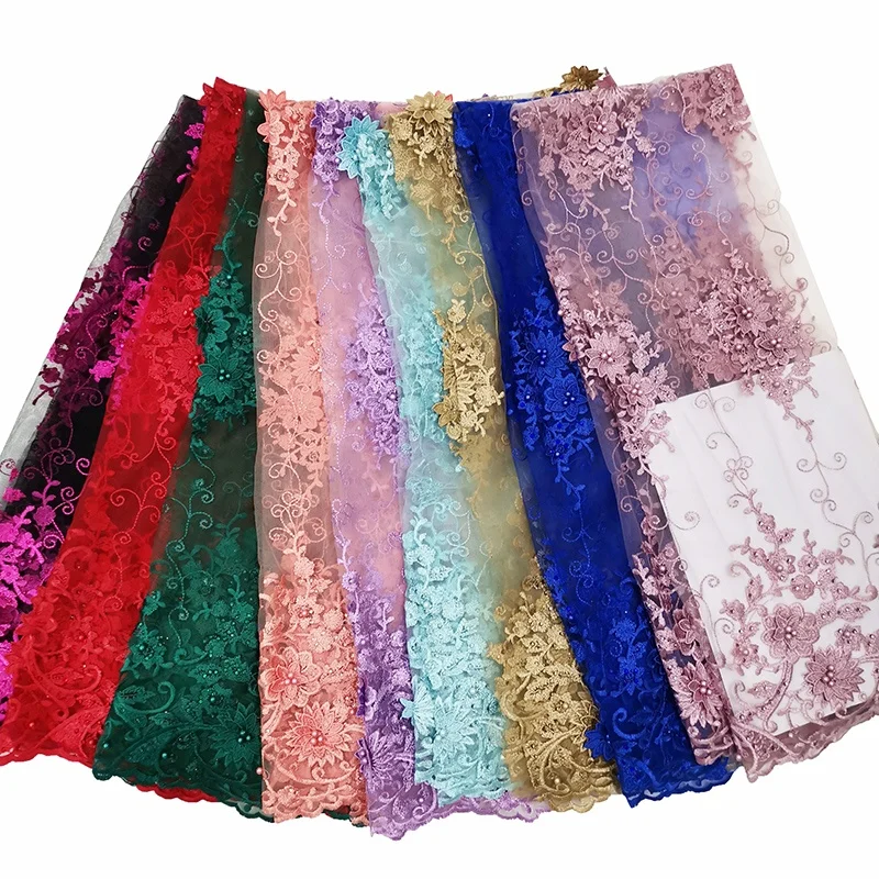 guangzhou cheap wholesale guipure african net royal blue 3d lace fabric with pearls