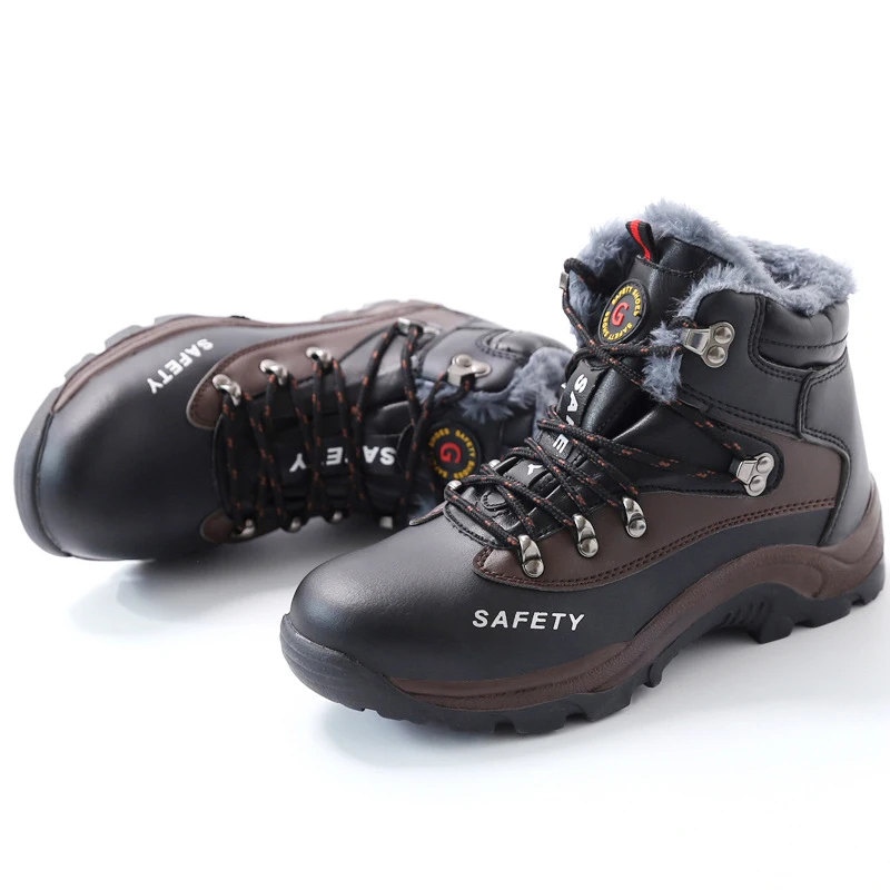 Fashion design genuine leather safety work boots with steel toe metal middsole fur lining safety shoes
