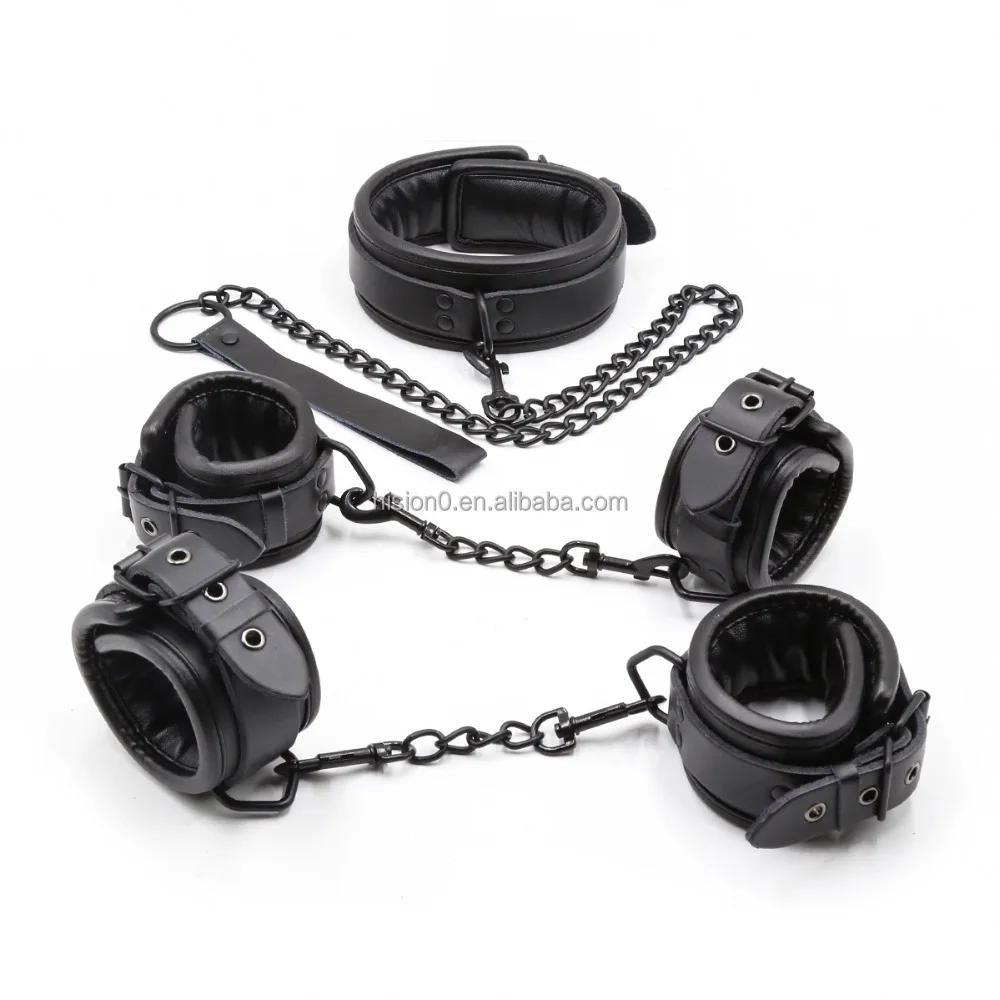 Black Cowhide Real Sheep Sponge BDSM Sexy Slave Fetish Bondage Restraint High Quality Handcuffs Foot Ankle Cuffs Collar Choker