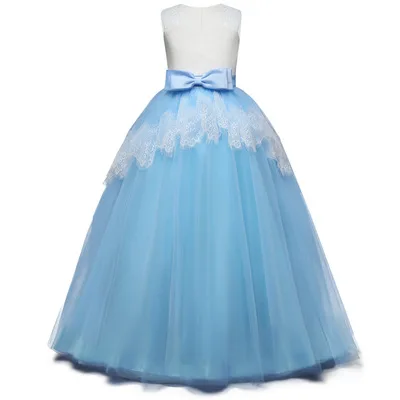 Pabasana blue tulle girl dress with embroidery lace and bow belt for party with quality warranty