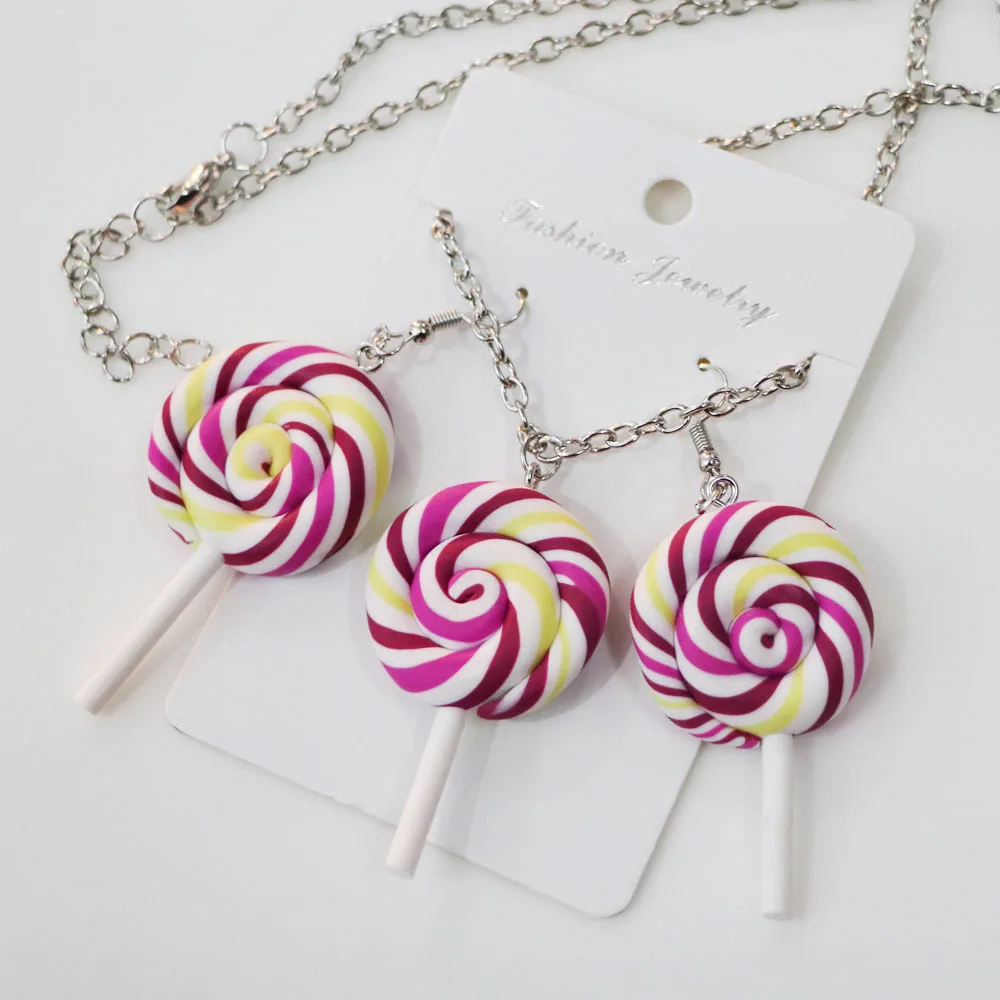 Lovely Colour Lollipop Earring Necklace Jewellery Handmade Polymer Lollipop Swirl Candy Cane Earring Necklace Set