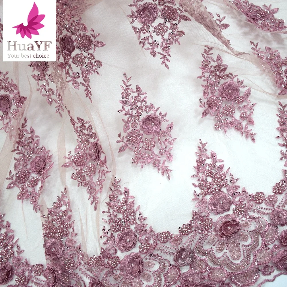 Latest products pink flower embroidery tulle fabric high quality bridal lace with beads fabric in market HY0993-1