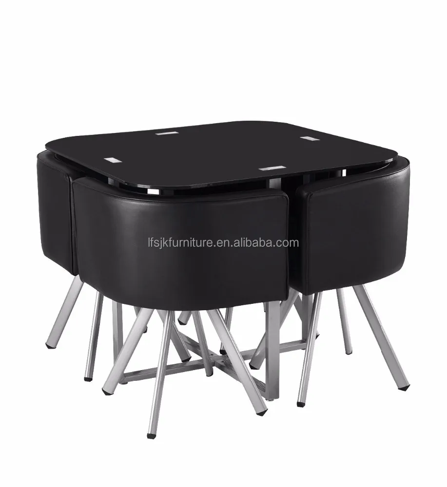 
Dining Table and 4 Chairs Set Round black Tempered Glass Space Saving Dining Room Sets 