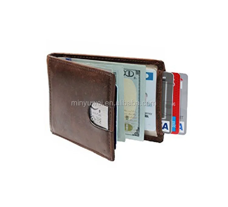 Custom Slim Mens Leather wallet money clip with a pull-tab RFID blocking Hot Selling