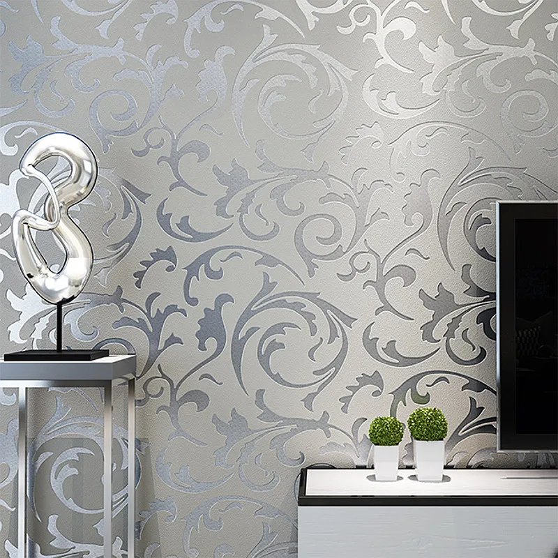 
Grey Silver Flocked Luxury Victorian Embossed Wallpaper Modern Floral Feature Design Wall Paper Home Art Decor 10M 