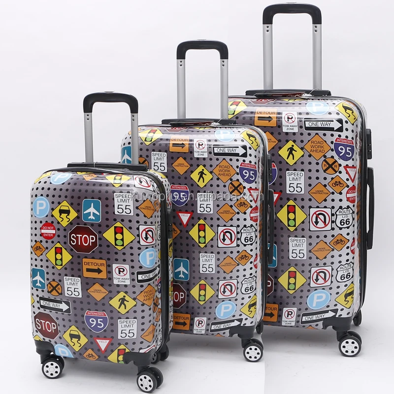 girls print 3pc Hardside 4 Wheels butterfly printed on suitcase spinner ABS PC print luggage sets