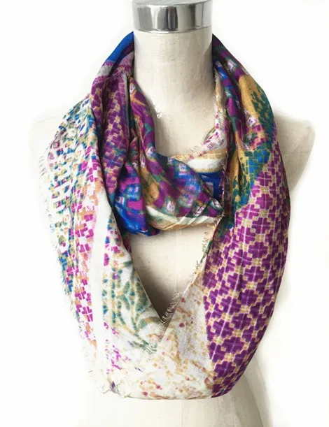 Low MOQ custom design women flower printed rayon infinity loop scarf