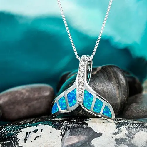 Hot Sale 925 Sterling Silver Simulated Blue Opal Whale Tail CZ Accented Pendant Necklace