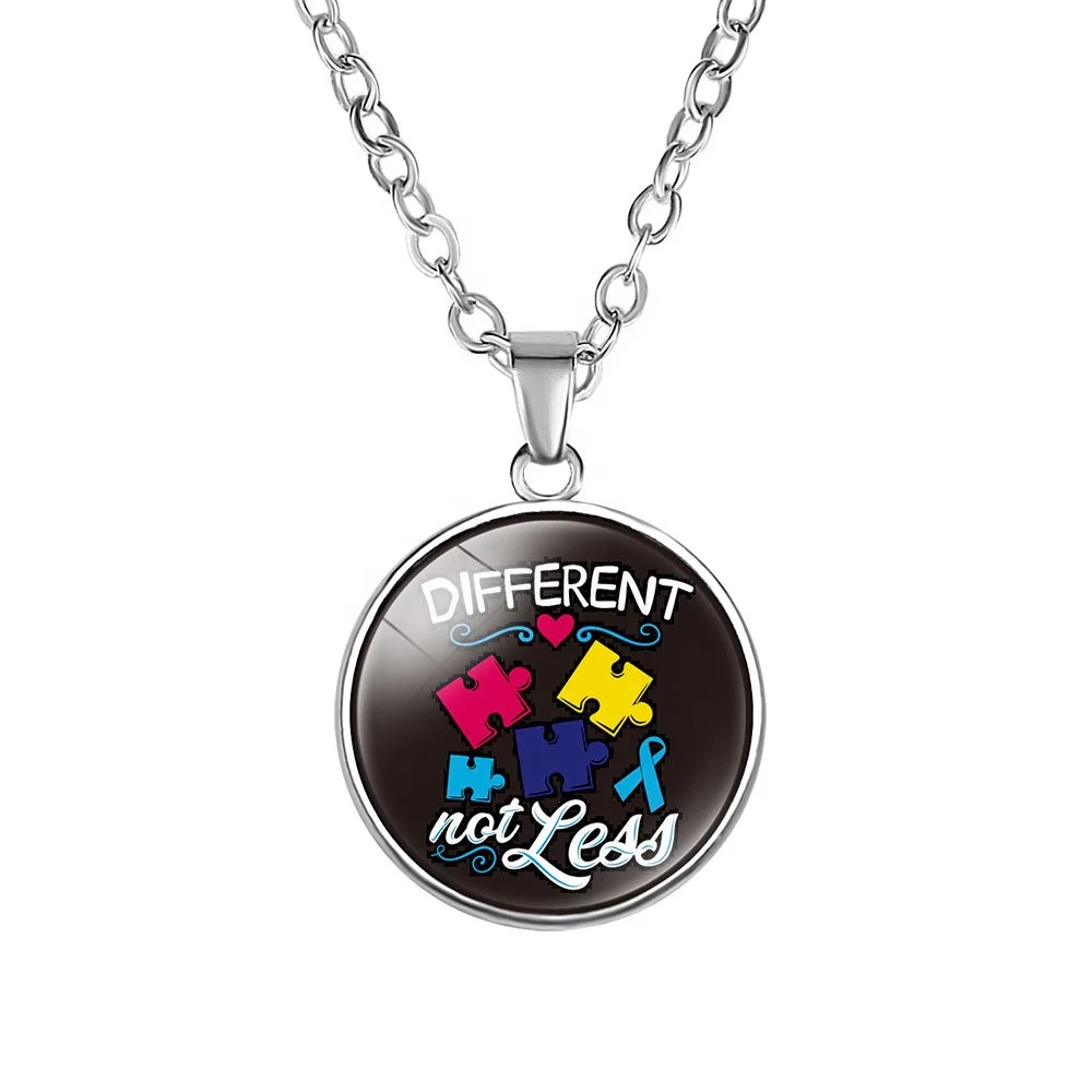 Alloy round shape Autism Red Ribbon Puzzle Pattern Pendant Necklace for autism children birthday gift
