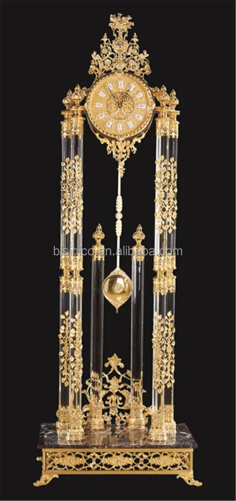 Luxury Italy Style Antique 24K Gold Plated Bronze Mounted Floor Clock, Decorated Pendulum Clock, Crystal & Marble Clock