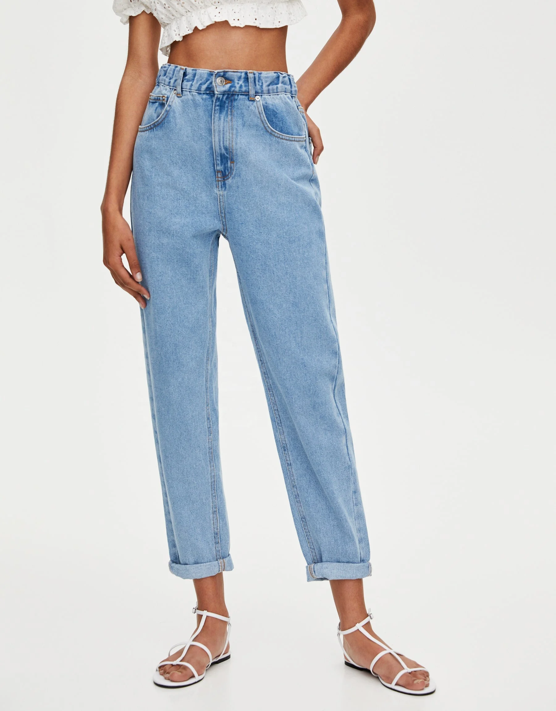 Classic casual straight high waist zipper fly women jeans