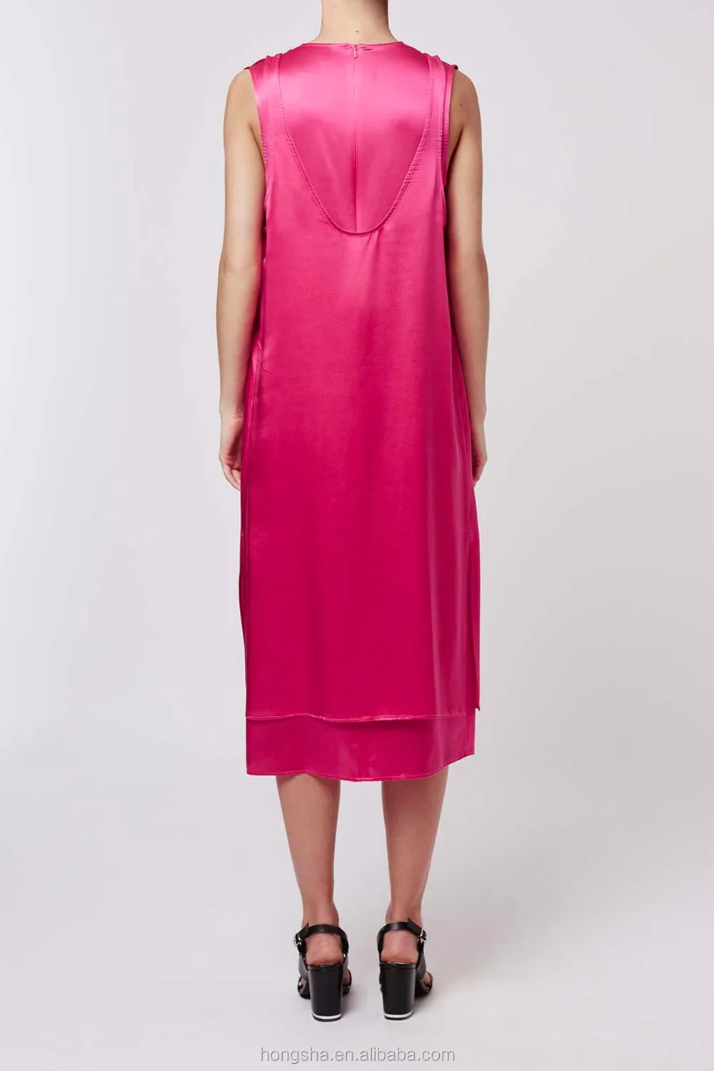 Latest Fashion Sleeveless Gambar Model Gaun Satin Long Dress Hot Pink Satin Dress Designs HSD6834