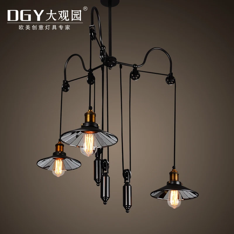 3 светильника, железный кронштейн, шкив, колесо, зонт, подвесная ретро-лампа