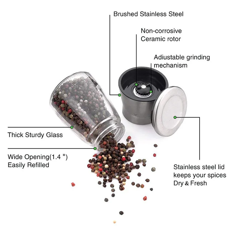 Mini manual ceramic mill glass jar set grinder for salt and pepper