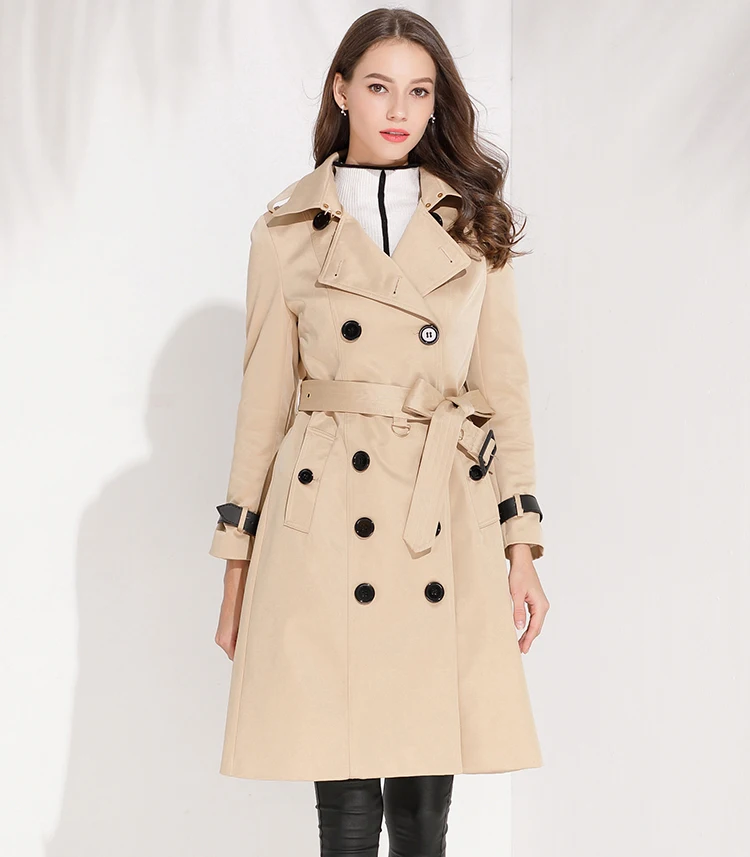 
Wholesale Autumn and Spring Women Fashion Lapel Collar British Style Long Sleeve Double Breasted Trench Coat 3 Colors 