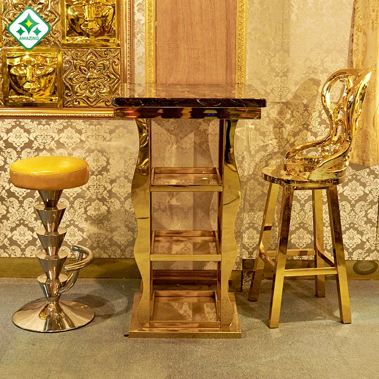 
luxury Stainless Steel Square Marble Bar Table With Metal Base night club furniture 