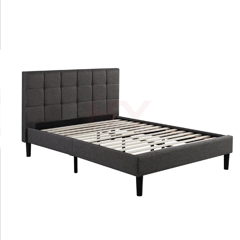 Upholstered Square Stitched Platform Bed with Wooden Slats