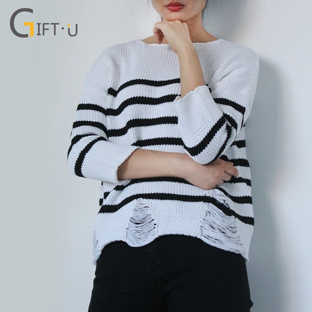 
Giftu 86019# 2018 Women Pullovers Knitted Striped Sweaters Tops Loose Casual Jumper 