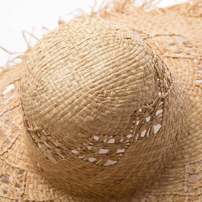 Hollow Design Pattern Summer Fashion Girls Floppy Big Brim Women Lady Beach Raffia Straw Hat with Frayed Brim