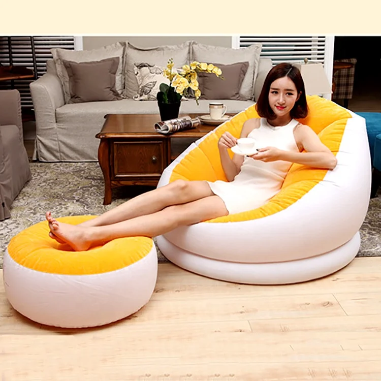 Inflatable Sofa Lounge Air Chair Indoor Outdoor Living Room Flocked PVC With Foot Rest Ottoma Stool