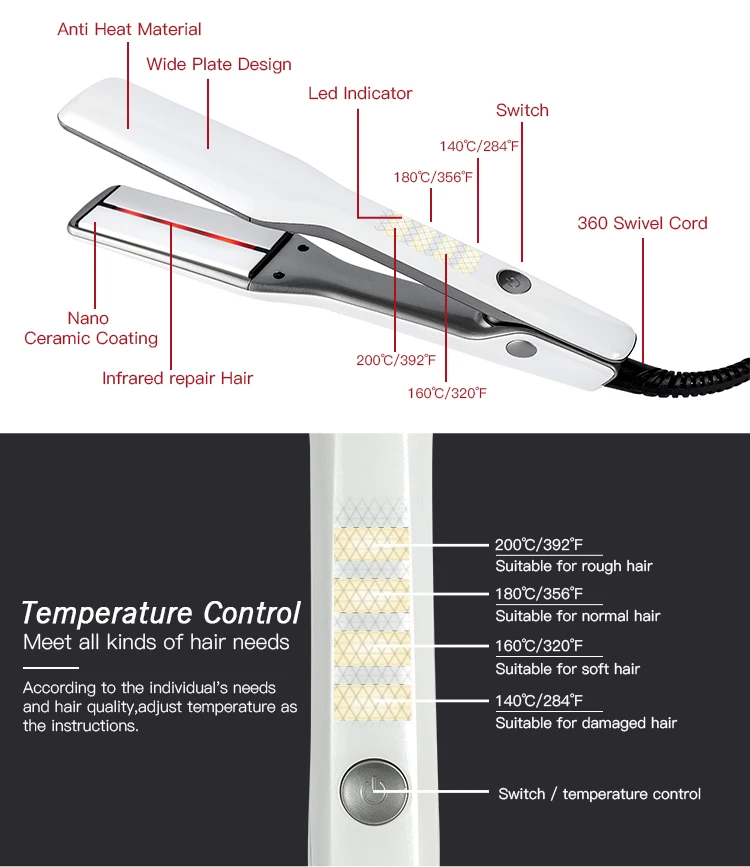Плоский керамический Профессиональный ИК-выпрямитель для волос с нанотитановым турмалином