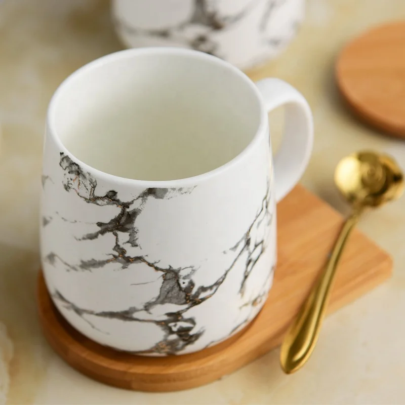 Nordic ceramic marble mugs custom printing porcelain tea mug with wooden lid