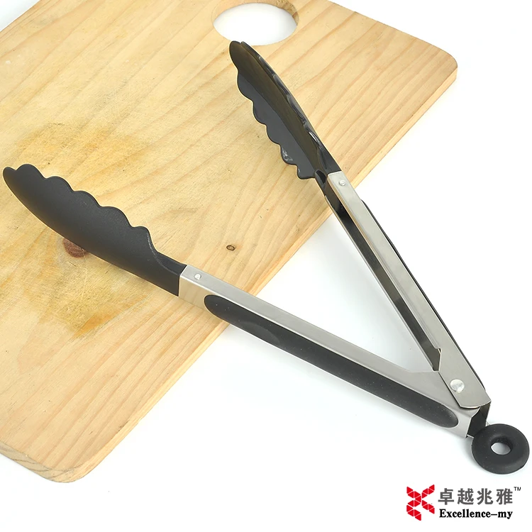 9 Inch 289 food grade Nylon tweezer shaped Stainless Steel Material kitchen utensils Nylon Head Tongs