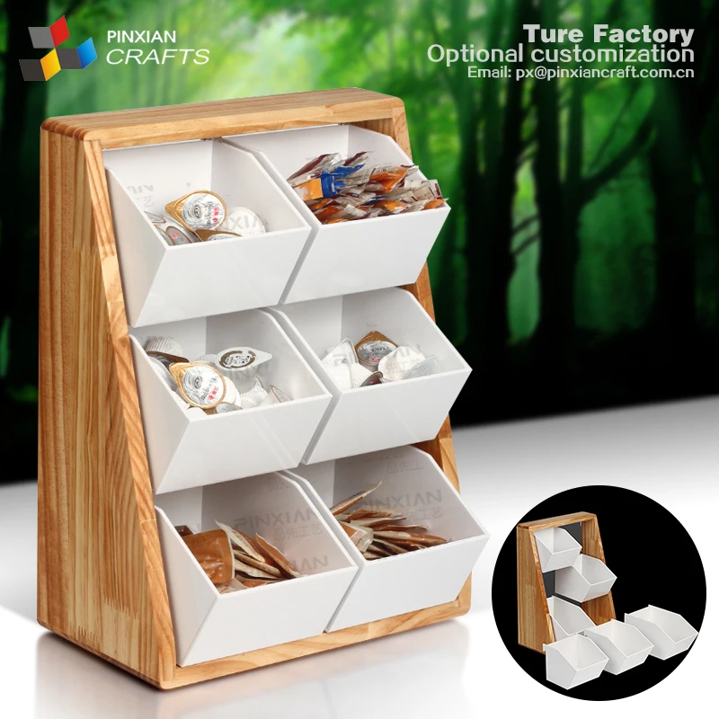 Restaurant Source coffee caddy pine wood frame Acrylic coffee cup Condiment Organizer food display rack pmma coffee display bins