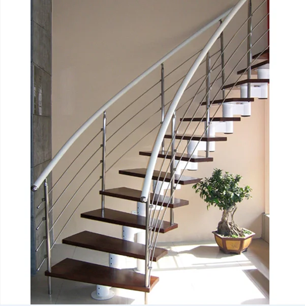 Indoor customized carved wood treads curved staircase with stainless steel railing